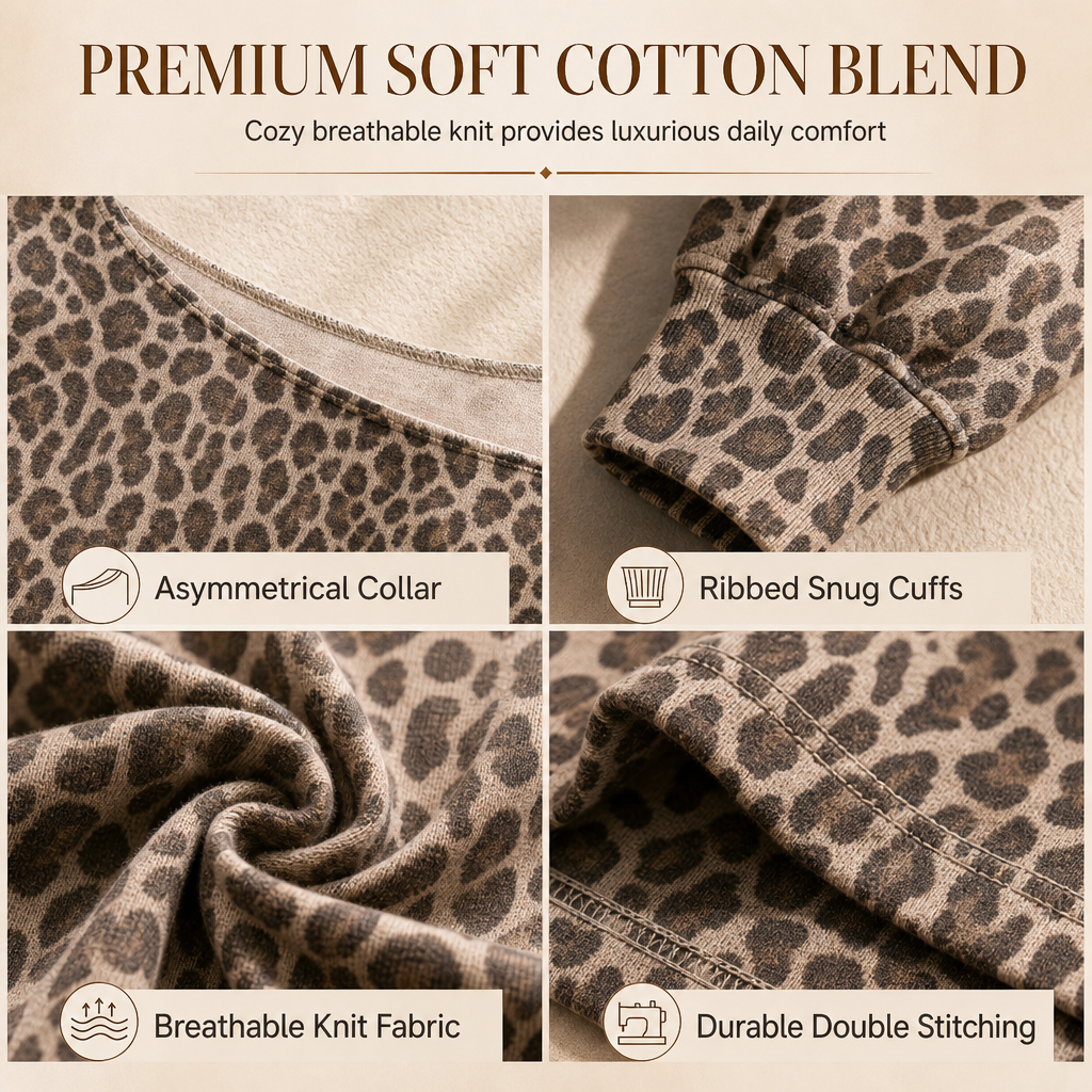 🐆 Leopard Print, Flattering Off-Shoulder Drape | Women's Relaxed Pullover Top