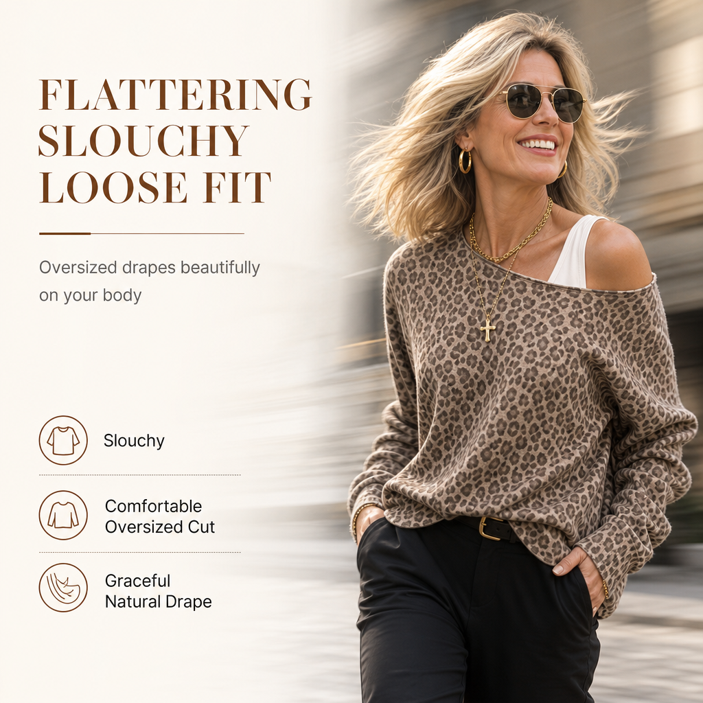🐆 Leopard Print, Flattering Off-Shoulder Drape | Women's Relaxed Pullover Top