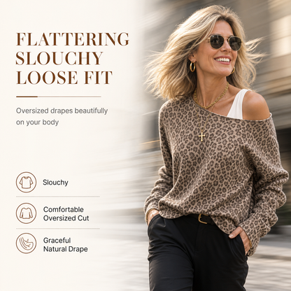 🐆 Leopard Print, Flattering Off-Shoulder Drape | Women's Relaxed Pullover Top