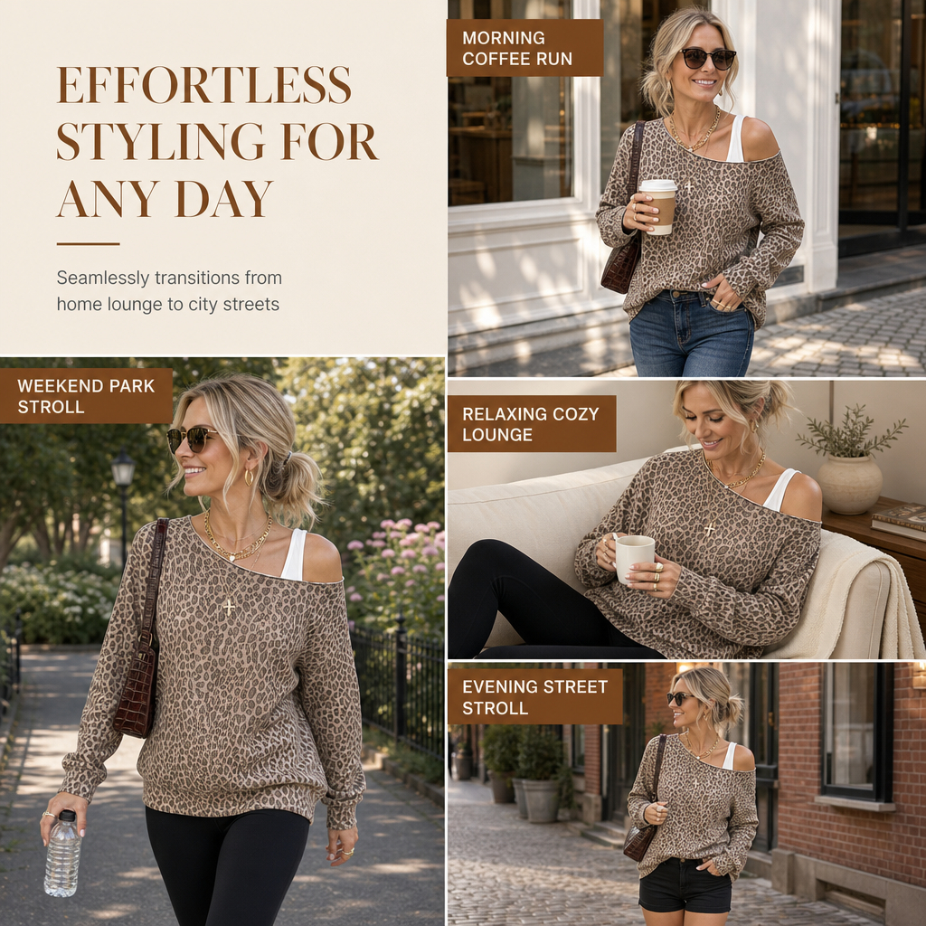 🐆 Leopard Print, Flattering Off-Shoulder Drape | Women's Relaxed Pullover Top