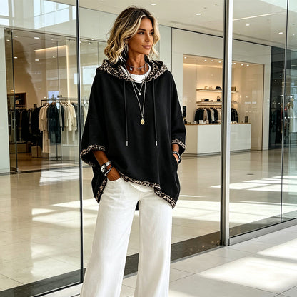 🐆 Leopard Trim, Relaxed Drape | Women's Loose-Fit Hooded Top
