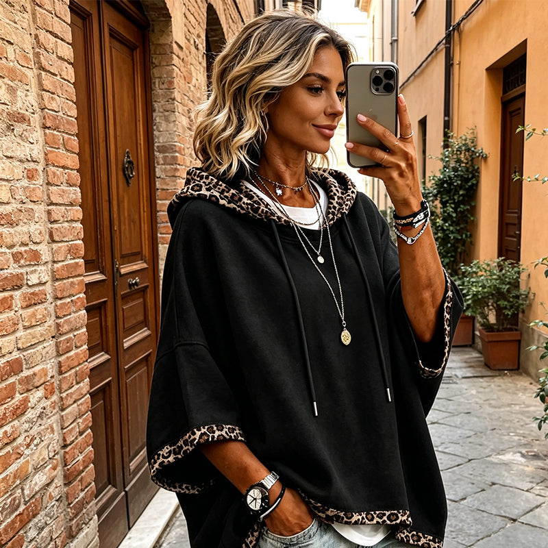 🐆 Leopard Trim, Relaxed Drape | Women's Loose-Fit Hooded Top