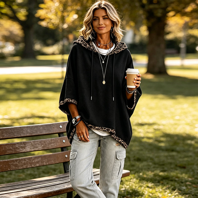 🐆 Leopard Trim, Relaxed Drape | Women's Loose-Fit Hooded Top