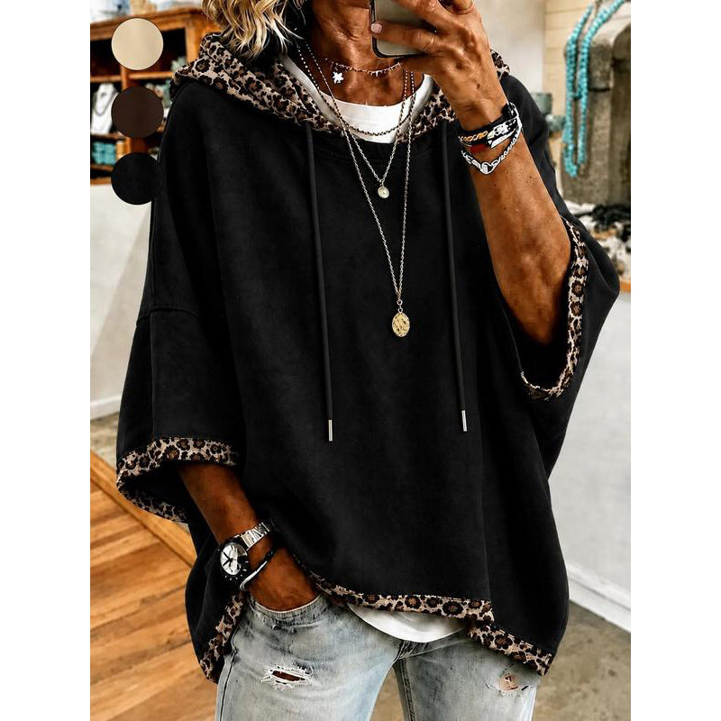 🐆 Leopard Trim, Relaxed Drape | Women's Loose-Fit Hooded Top