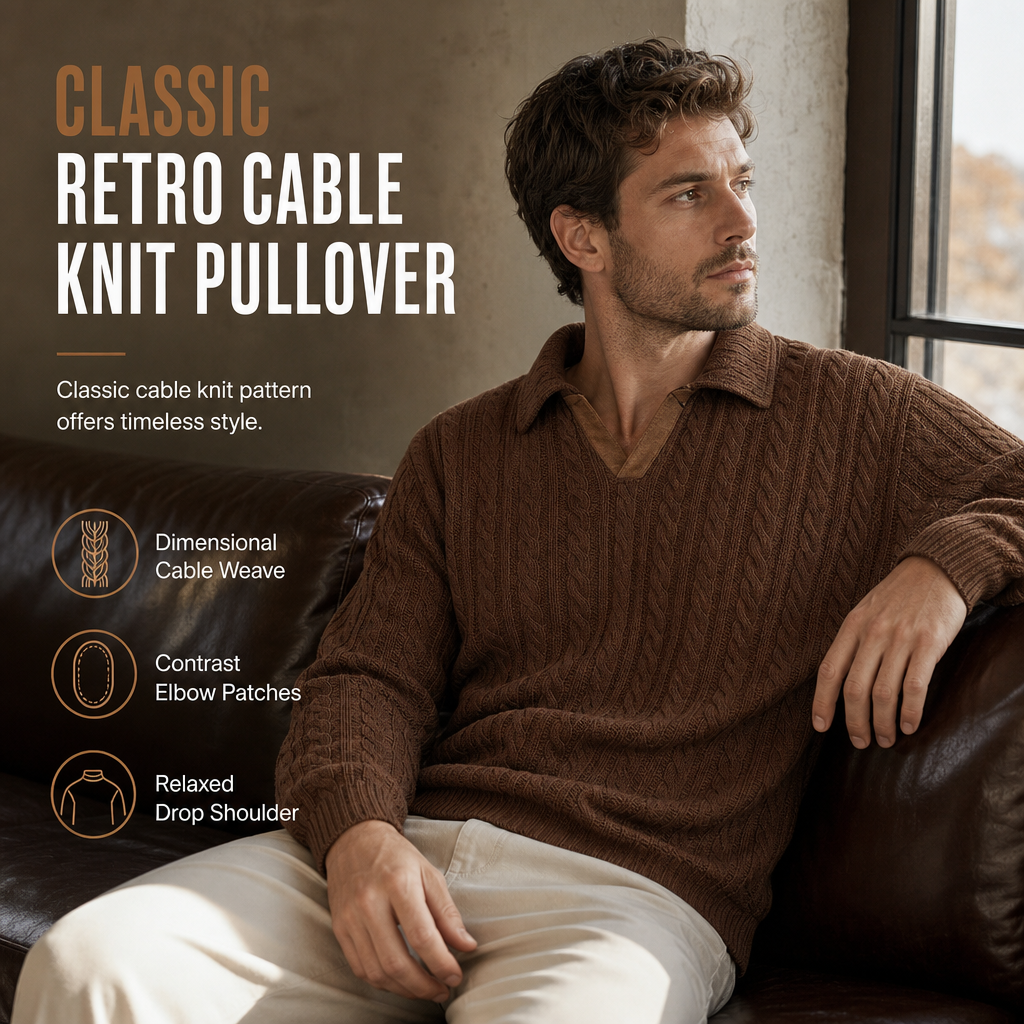 🧶 Rich Cable Texture, Rugged Elbow Detail | Men's Collared Knit Pullover