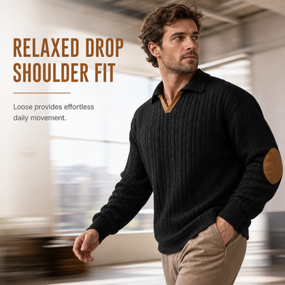 🧶 Rich Cable Texture, Rugged Elbow Detail | Men's Collared Knit Pullover