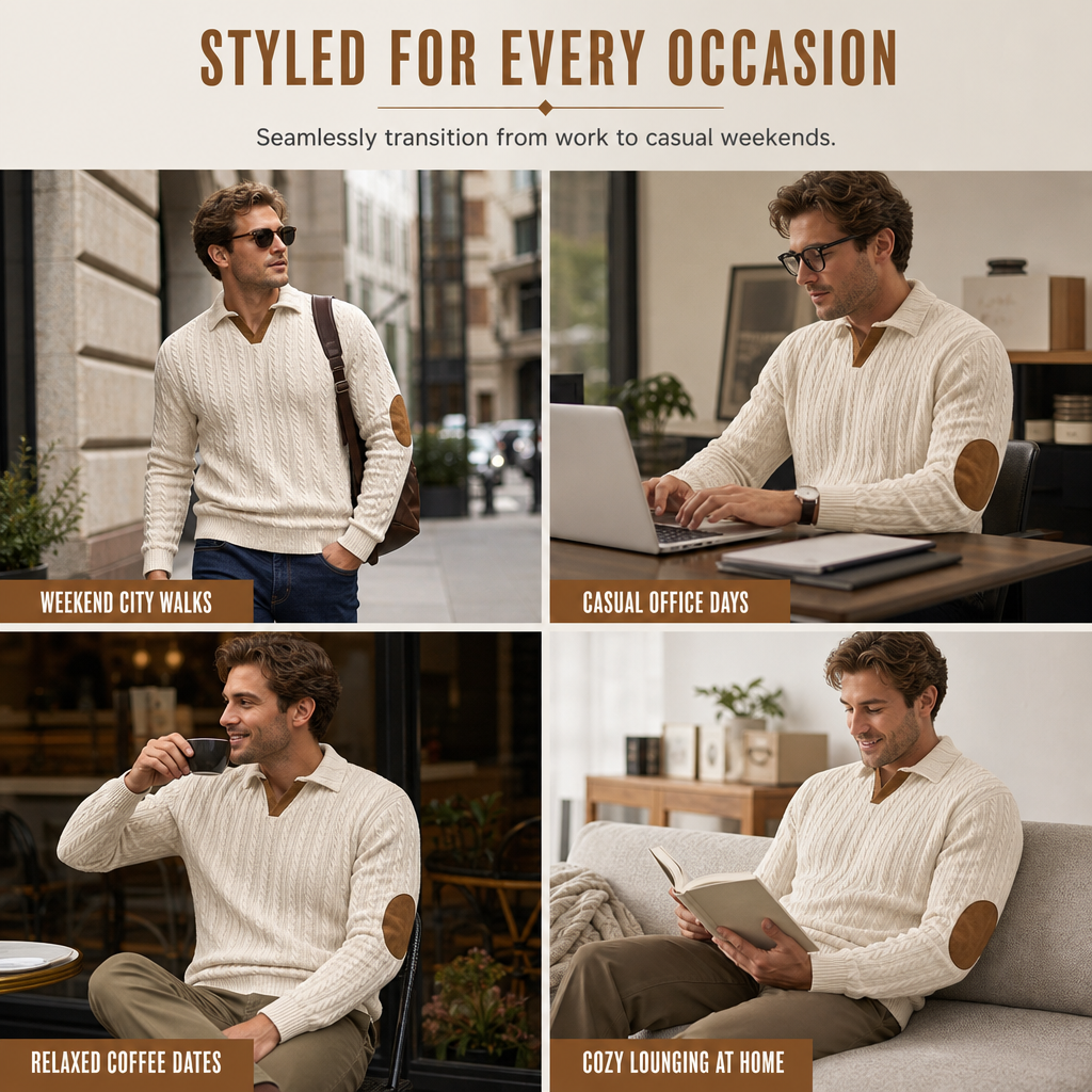 🧶 Rich Cable Texture, Rugged Elbow Detail | Men's Collared Knit Pullover