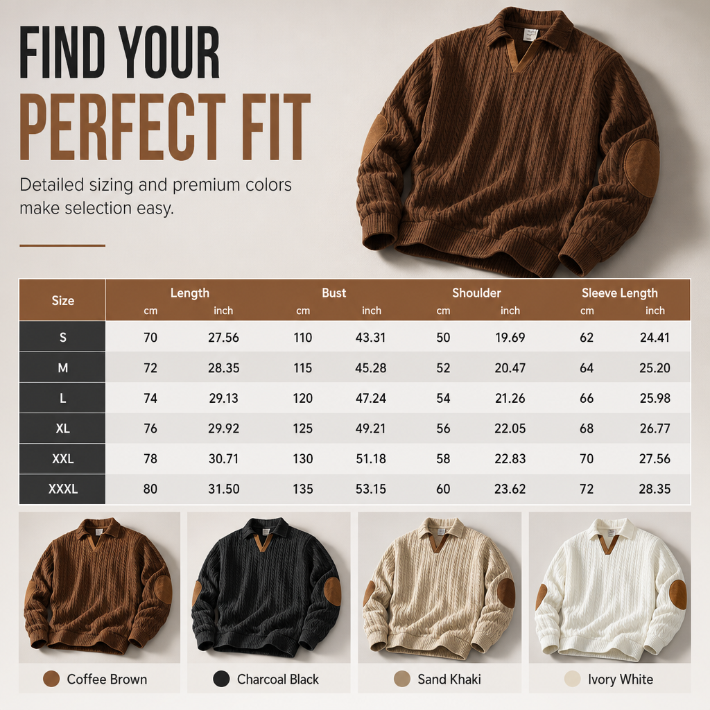 🧶 Rich Cable Texture, Rugged Elbow Detail | Men's Collared Knit Pullover