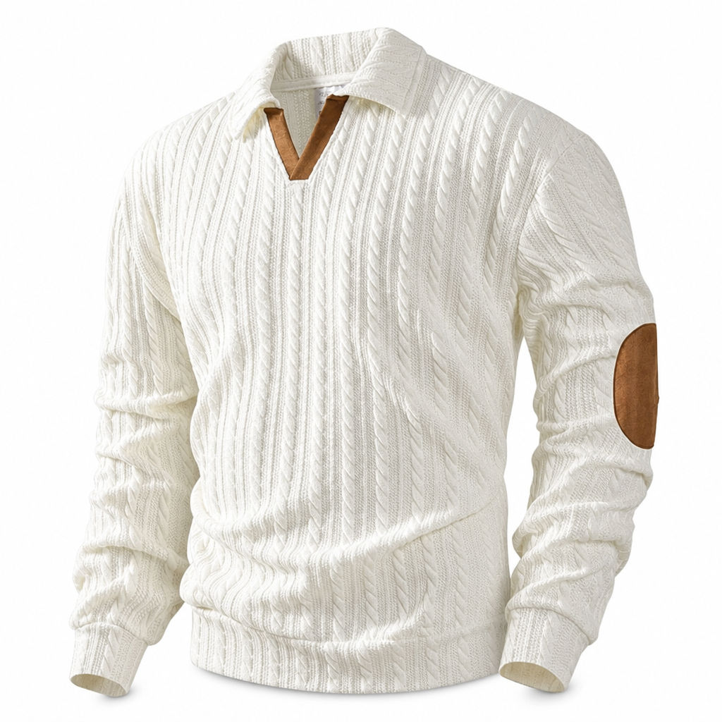🧶 Rich Cable Texture, Rugged Elbow Detail | Men's Collared Knit Pullover