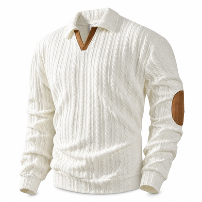 🧶 Rich Cable Texture, Rugged Elbow Detail | Men's Collared Knit Pullover