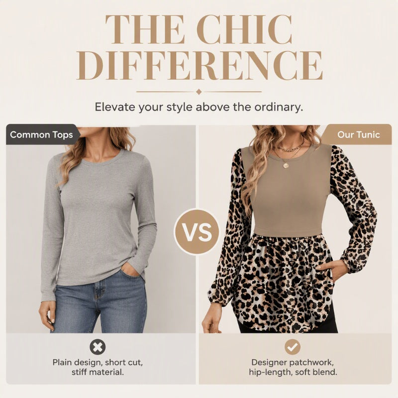 🐆 Leopard Contrast, Flattering Tunic Length | Women's Relaxed Long-Sleeve Top
