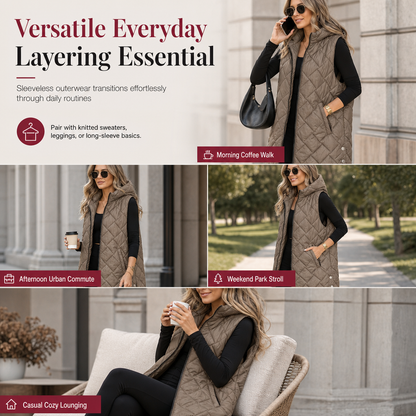 Women's Casual Mid-Length Hooded Padded Vest