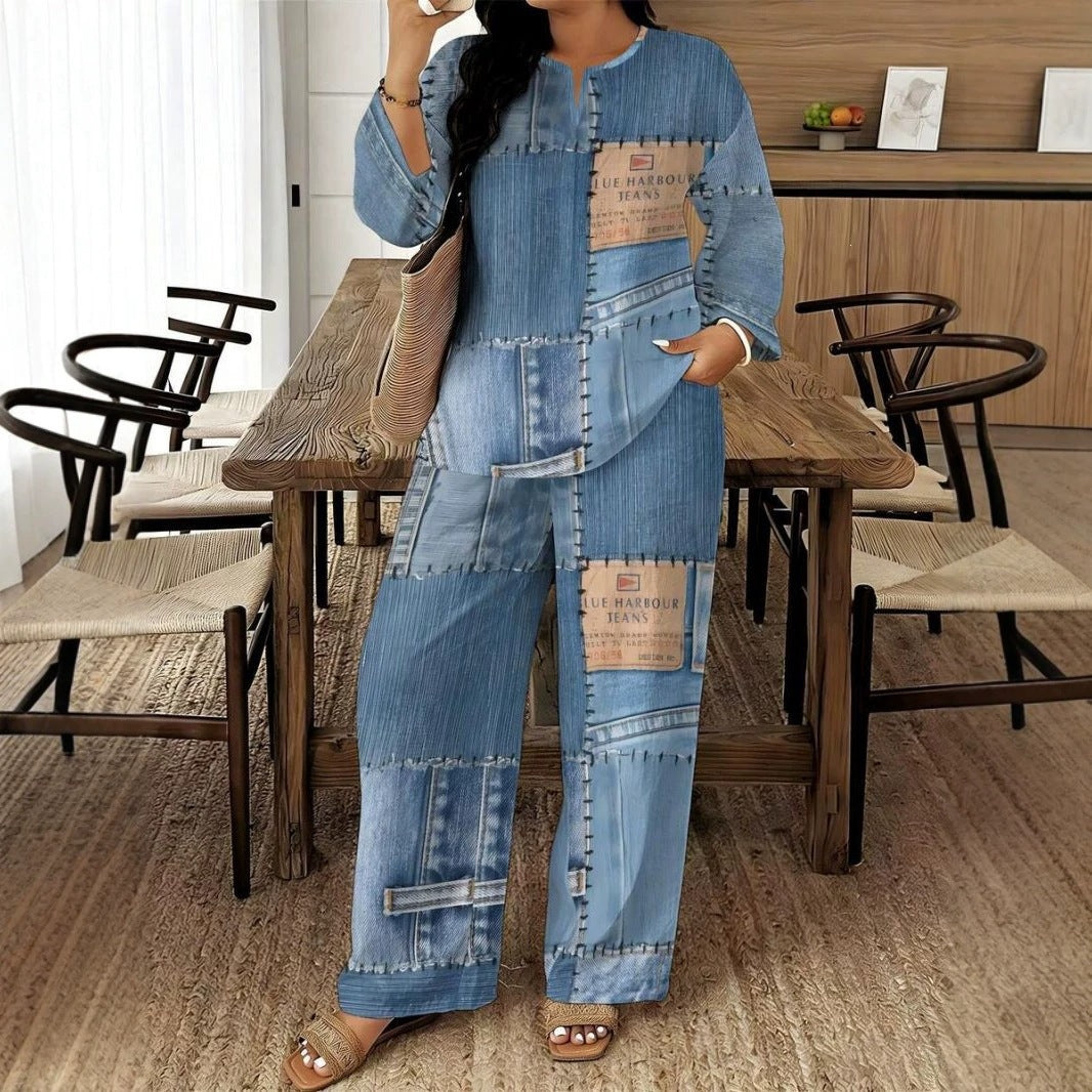 🎨 Denim Look, Lighter Feel | Women's Patchwork Wide-Leg 2-Piece Set ⚡ Free Shipping