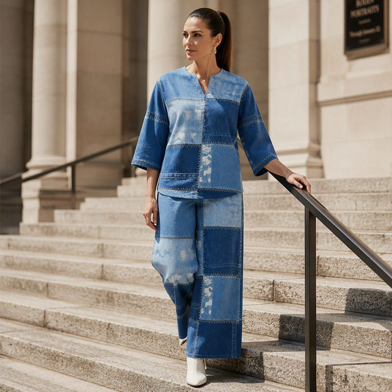 🎨 Denim Look, Lighter Feel | Women's Patchwork Wide-Leg 2-Piece Set ⚡ Free Shipping