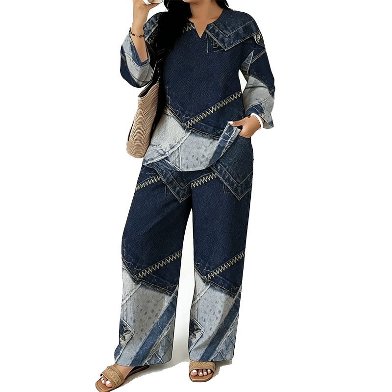 🎨 Denim Look, Lighter Feel | Women's Patchwork Wide-Leg 2-Piece Set ⚡ Free Shipping