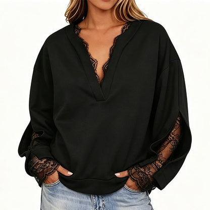 ✨ Feminine Detail | Women’s V-Neck Lace Insert Top with Slit Sleeves