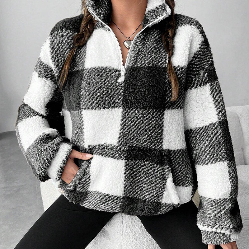 Women's Loose Fit Plaid Patchwork Sherpa Jacket