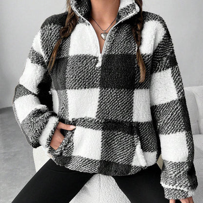 Women's Loose Fit Plaid Patchwork Sherpa Jacket