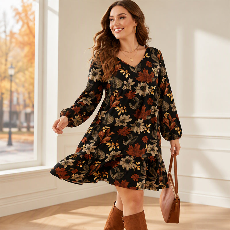Women's Elegant Maple Leaf Print Dress