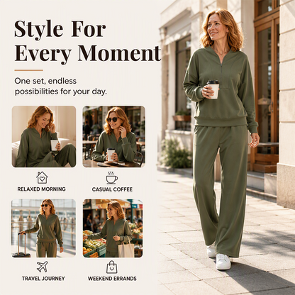 Women's Half-Zip Sweatshirt & Wide-Leg Pants Set