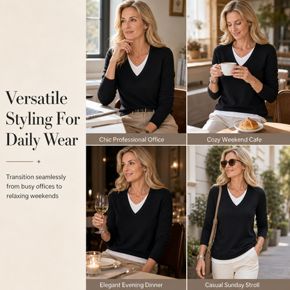 🧶 Layered Look, No Extra Bulk | Women's V-Neck 2-in-1 Knit Sweater