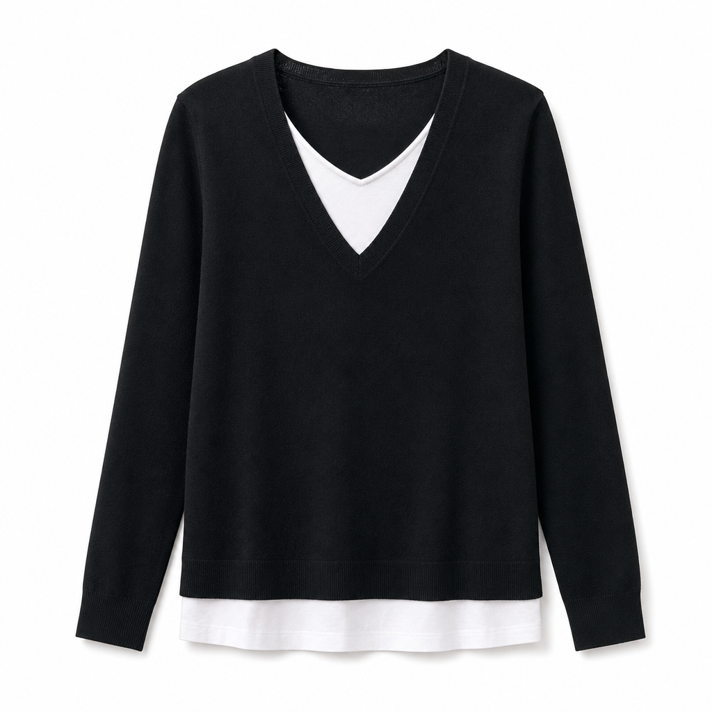 🧶 Layered Look, No Extra Bulk | Women's V-Neck 2-in-1 Knit Sweater