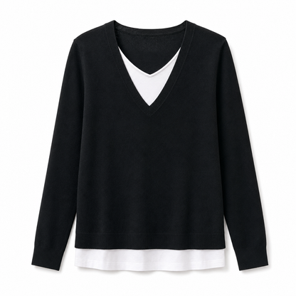 🧶 Layered Look, No Extra Bulk | Women's V-Neck 2-in-1 Knit Sweater
