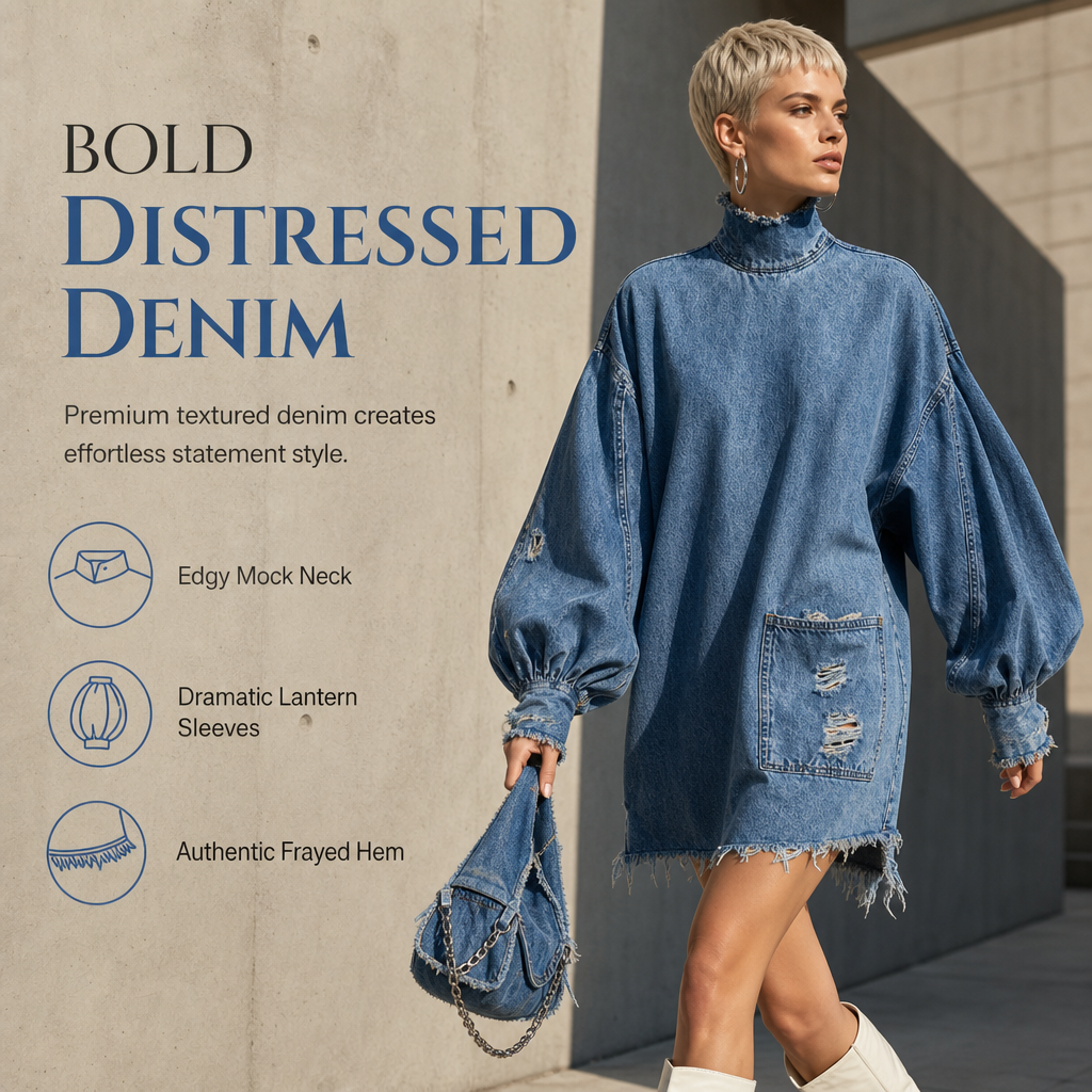 👖 Denim with Drama | Women’s Frayed Mock-Neck Denim Mini Dress with Lantern Sleeves