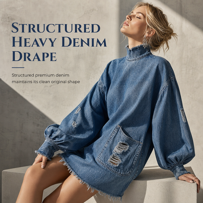 👖 Denim with Drama | Women’s Frayed Mock-Neck Denim Mini Dress with Lantern Sleeves