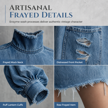 👖 Denim with Drama | Women’s Frayed Mock-Neck Denim Mini Dress with Lantern Sleeves