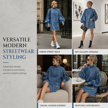 👖 Denim with Drama | Women’s Frayed Mock-Neck Denim Mini Dress with Lantern Sleeves