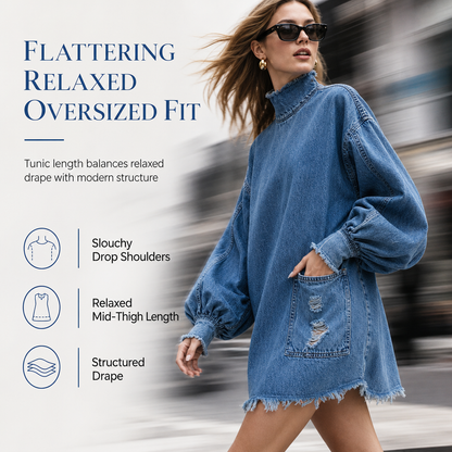 👖 Denim with Drama | Women’s Frayed Mock-Neck Denim Mini Dress with Lantern Sleeves