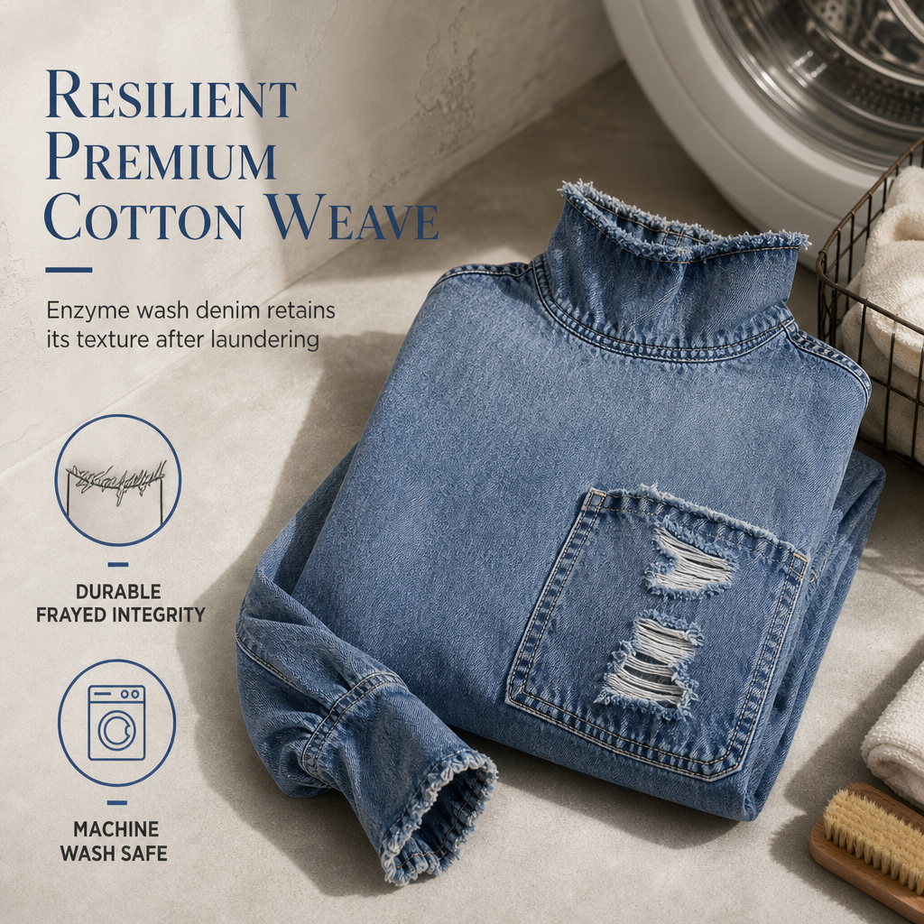 👖 Denim with Drama | Women’s Frayed Mock-Neck Denim Mini Dress with Lantern Sleeves