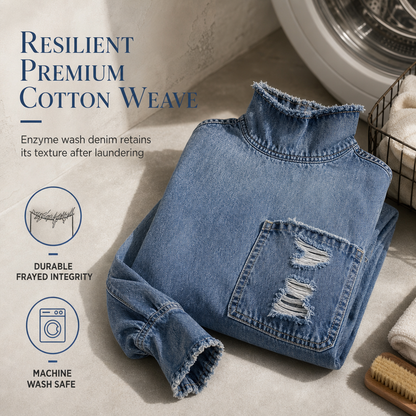 👖 Denim with Drama | Women’s Frayed Mock-Neck Denim Mini Dress with Lantern Sleeves