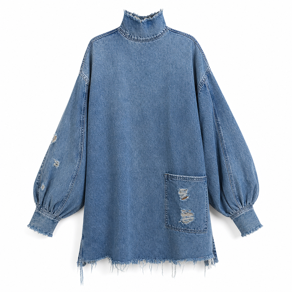 👖 Denim with Drama | Women’s Frayed Mock-Neck Denim Mini Dress with Lantern Sleeves
