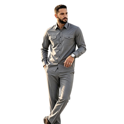 Men Two Piece Polyester Shirt Pants Set