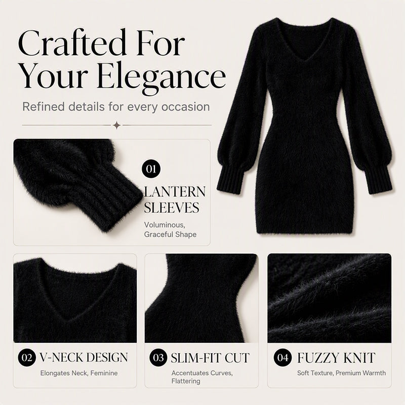 Women's V-Neck Fuzzy Knit Mini Dress