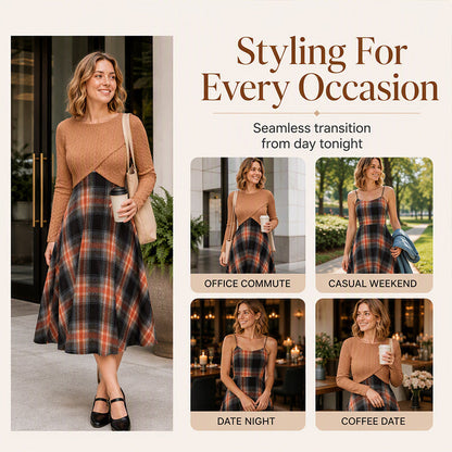 Women's Elegant Plaid Dress and Crop Top Set