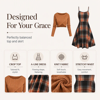Women's Elegant Plaid Dress and Crop Top Set