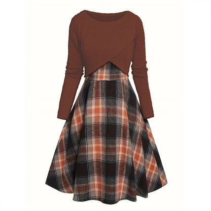 Women's Elegant Plaid Dress and Crop Top Set