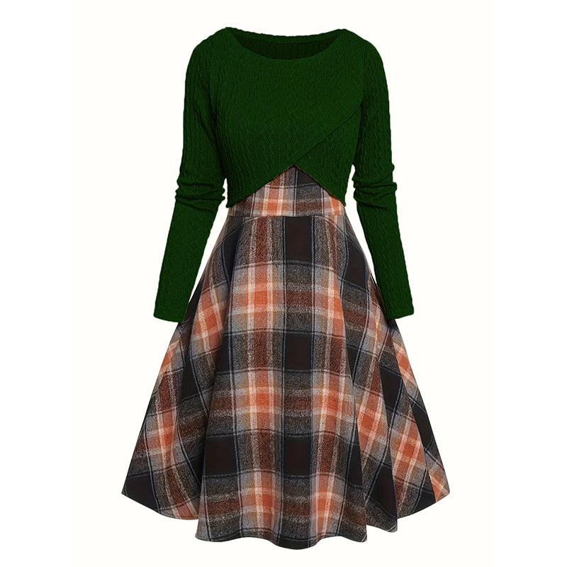 Women's Elegant Plaid Dress and Crop Top Set