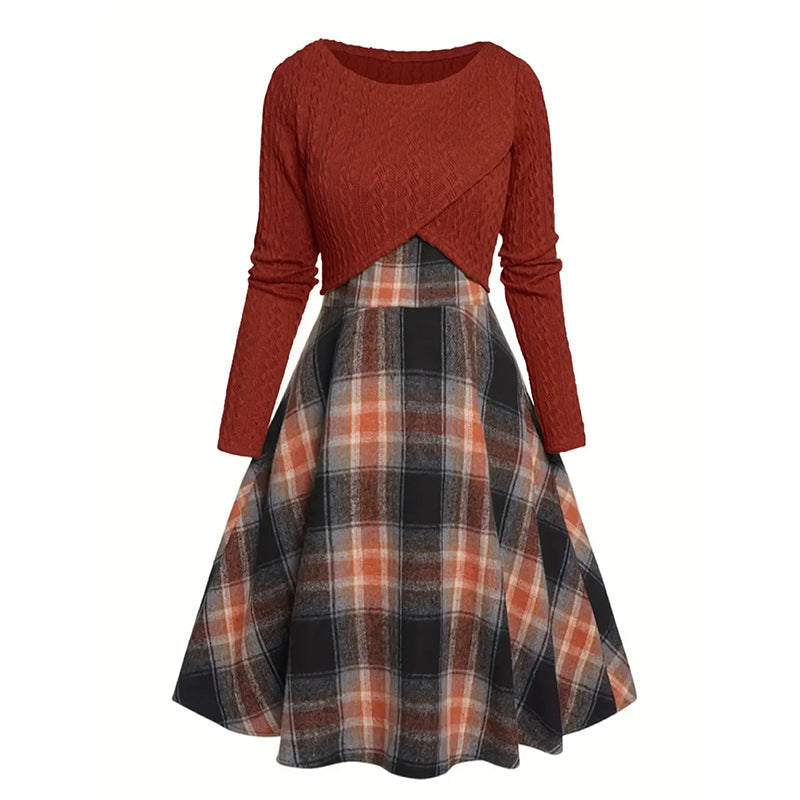 Women's Elegant Plaid Dress and Crop Top Set