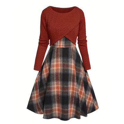 Women's Elegant Plaid Dress and Crop Top Set
