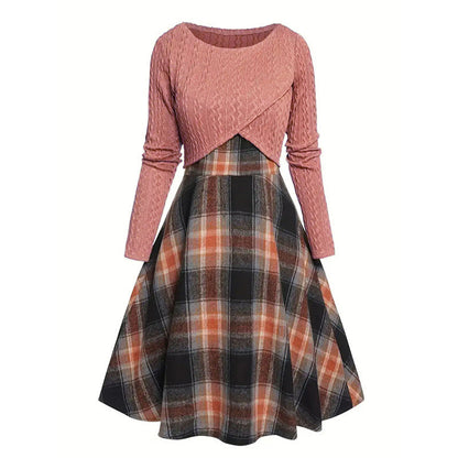 Women's Elegant Plaid Dress and Crop Top Set