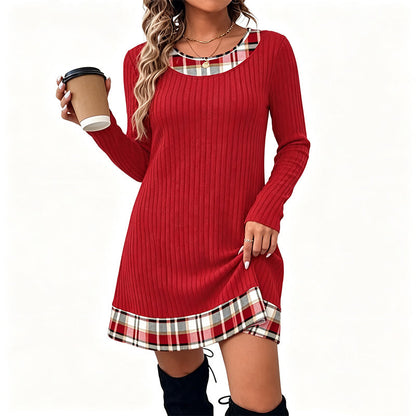 Women's Casual Plaid Patchwork Knit Dress
