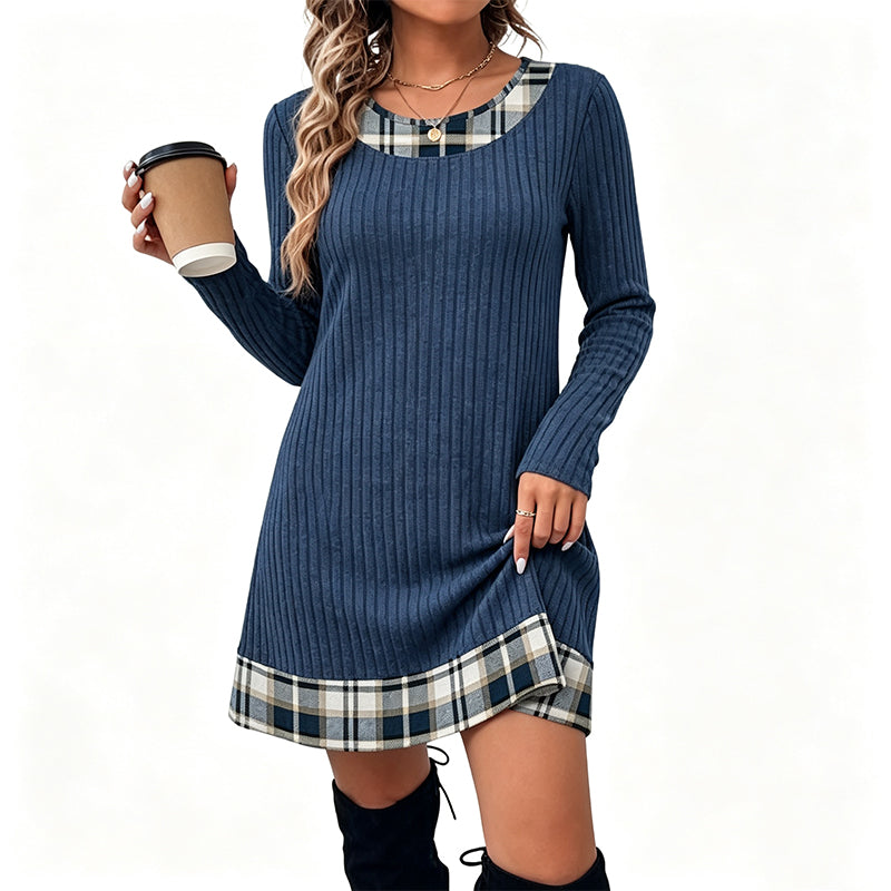 Women's Casual Plaid Patchwork Knit Dress