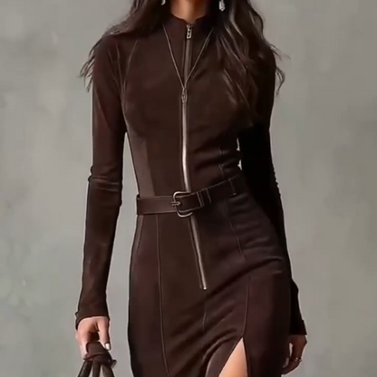Long Sleeve Faux Suede Zipper Maxi Dress