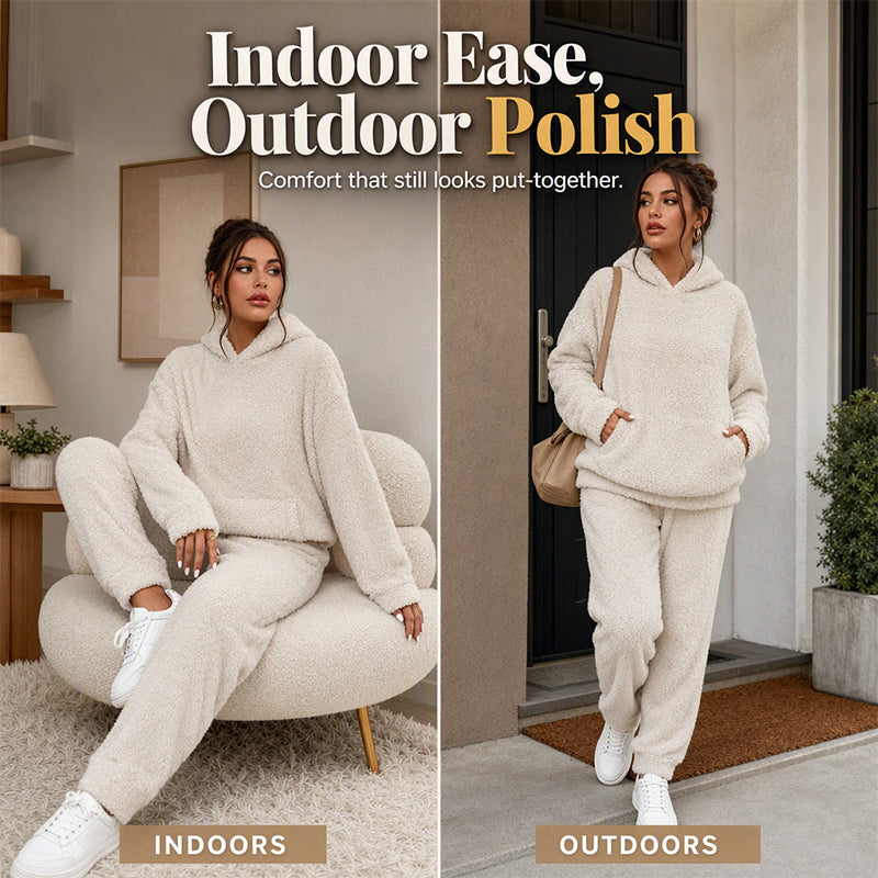 🧸 Cozy Plush Warmth, Effortless Matching | Women's Hooded 2-Piece Lounge Set