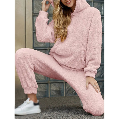 🧸 Cozy Plush Warmth, Effortless Matching | Women's Hooded 2-Piece Lounge Set