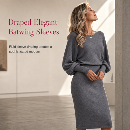 ✨ Defined Waist, Elegant Batwing Drape | Women's Ribbed Knit Midi Dress